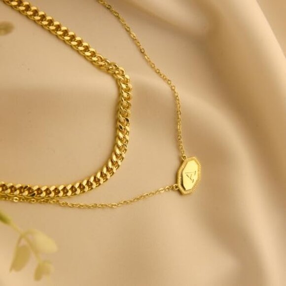 14K Gold Plated Layered Initial Necklace Set Chunky Cuban Chain Stackable - Picture 7 of 7